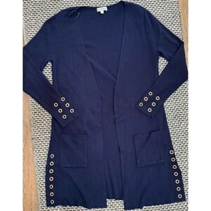 Joseph A Womens Lightweight Long Sweater Cardigan Brass Grommet Detail Navy M